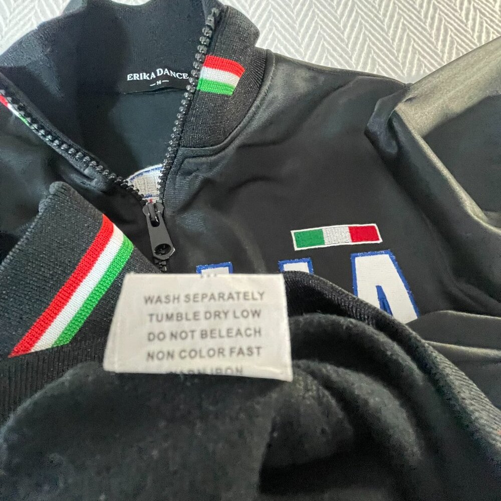 Italia Black Track Jacket 🇮🇹 Faux Leather Look Full Zip Size M - Picture 7 of 10